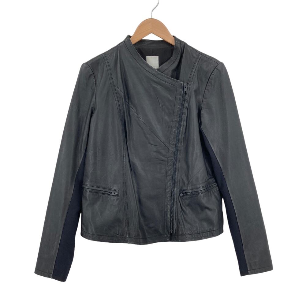 Halogen Women's Black 100% Leather Long Sleeve Diagonal Zipper Jacket Size Large